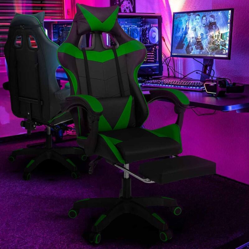 foto del prodotto idmarket sedia da gioco alex regolabile con poggiapiedi, cuscino per la testa e cuscino lombare in nero e verde