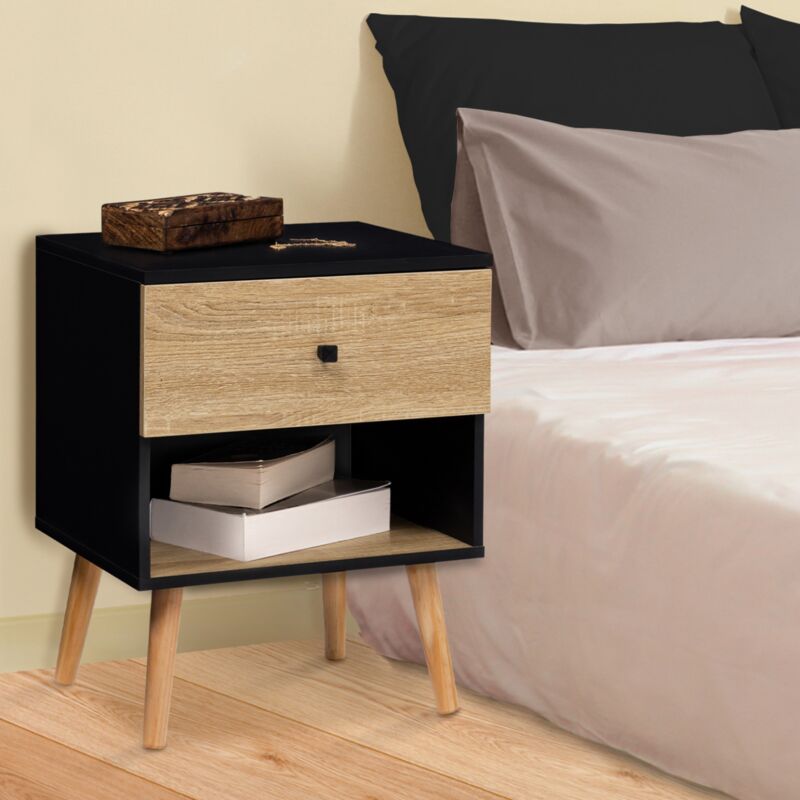 foto del prodotto idmarket set di 2 comodini con 1 cassetto, scandinavo, legno e nero emmie