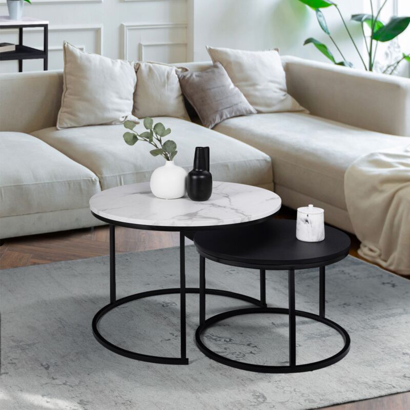 foto del prodotto idmarket set di 2 tavolini rotondi alaska 54 70, effetto marmo e nero, gambe in metallo