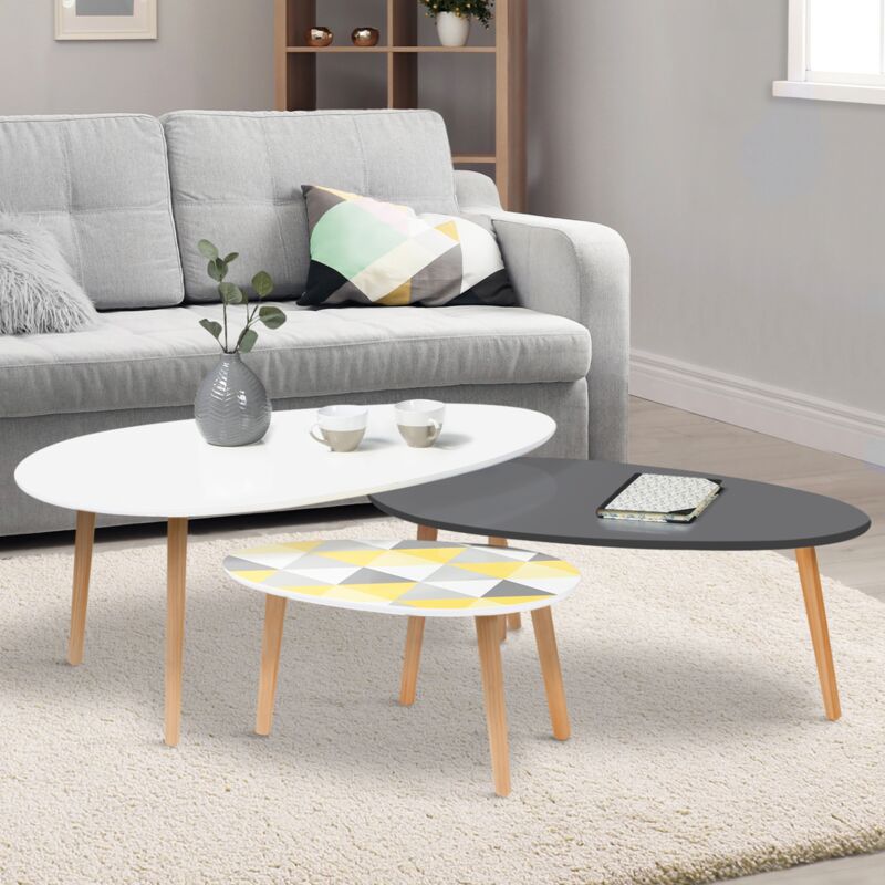 foto del prodotto idmarket set di 3 tavolini da salotto gigi, laccati bianco grigio grafici