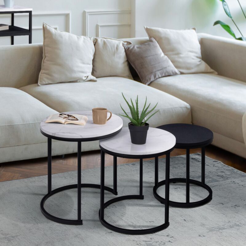 foto del prodotto idmarket set di 3 tavolini rotondi 35 40 45 effetto marmo e legno nero, base in metallo alaska