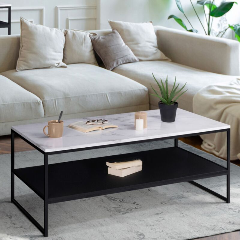 foto del prodotto idmarket tavolino con doppio piano, effetto marmo e legno nero, base in metallo alaska