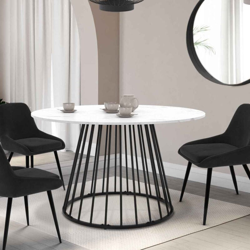 foto del prodotto idmarket tavolo da pranzo rotondo yuna 6 persone con piano in marmo bianco alaska e gamba in filo metallico nero 110 cm