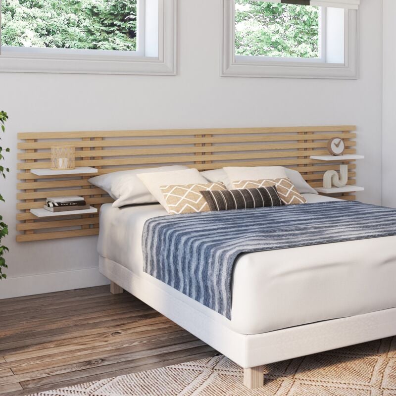 foto del prodotto idmarket testiera effetto doga 240 cm in legno chiaro e ripiani bianchi ava