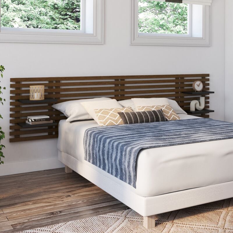 foto del prodotto idmarket testiera effetto doga 240 cm in legno invecchiato e ripiani neri ava