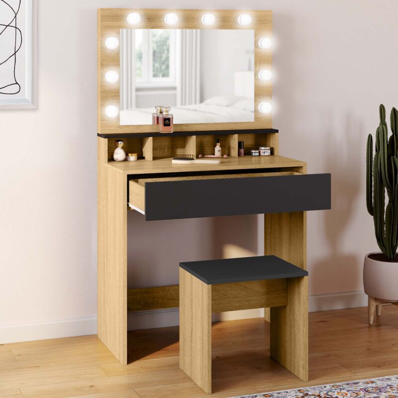 foto del prodotto idmarket tocador zelia, haya y espejo led negro con 4 nichos, 1 caj n y taburete