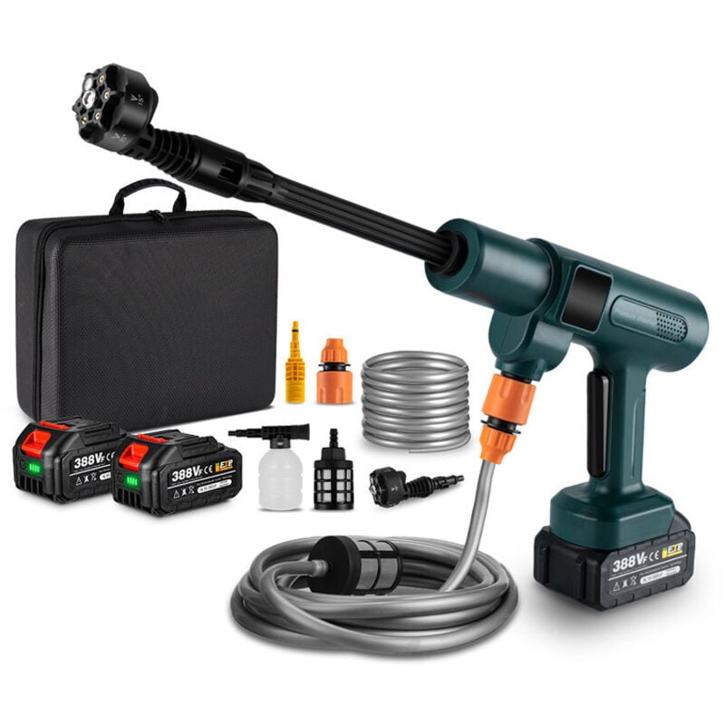 foto del prodotto idropulitrice a batteria 100 bar, portata max 4,1 l min, ugello multifunzione 6 in 1, idropulitrice portatile con 2 batterie e accessori