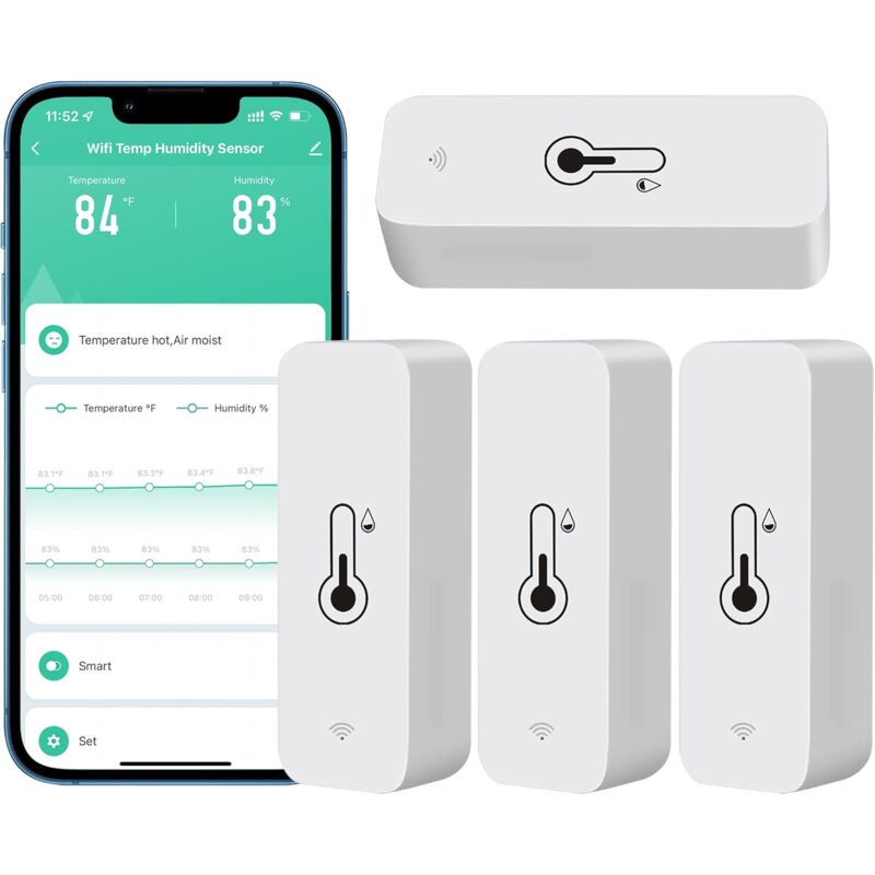 foto del prodotto igrometro wifi da 4 pezzi per casa, interni ed esterni sensore di temperatura e umidit wireless con avviso app remoto, funziona con l app tuya