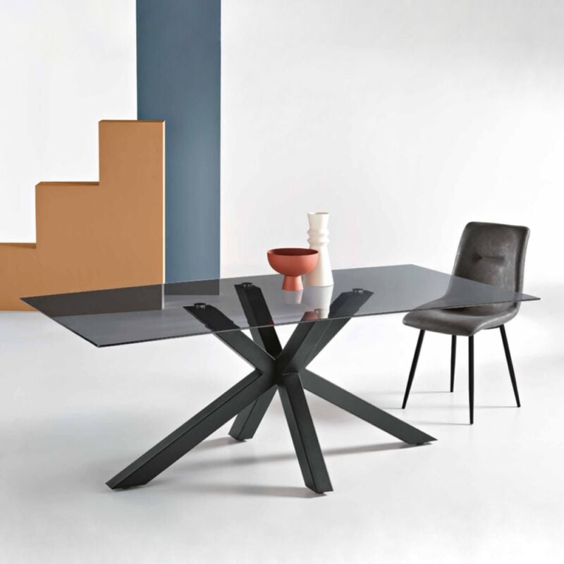 foto del prodotto ikone tavolo da pranzo con piano in vetro fume e base in metallo 180x90 cm dante