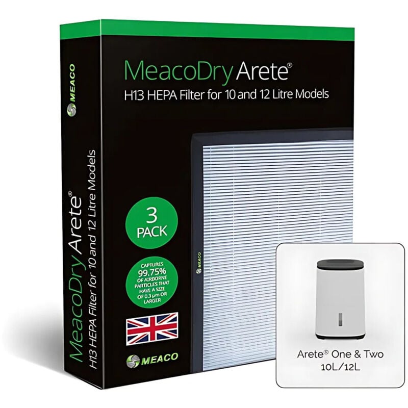 foto del prodotto il filtro meaco dry arete h13 hepa, compatibile con de deumidificatori da 10l e 12l, de confezione da 3 filtri, rimuove polvere, allergeni e