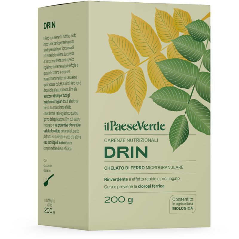 foto del prodotto il paese verde drin ferro chelato microgranulare 200g per piante contro ingiallimenti dovuti alla clorosi ferrica. consentito in agricoltura
