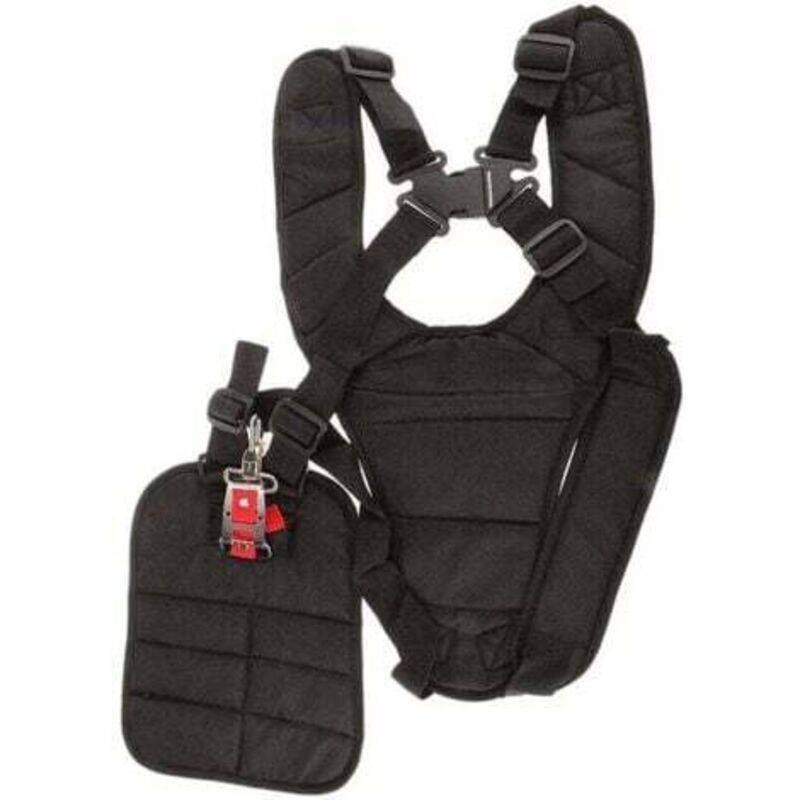 foto del prodotto imbracatura, doppie spalline, tracolla con bottone di sicurezza imbottito per decespugliatore e tagliabordi, bottoni di sicurezza imbottiti sulla