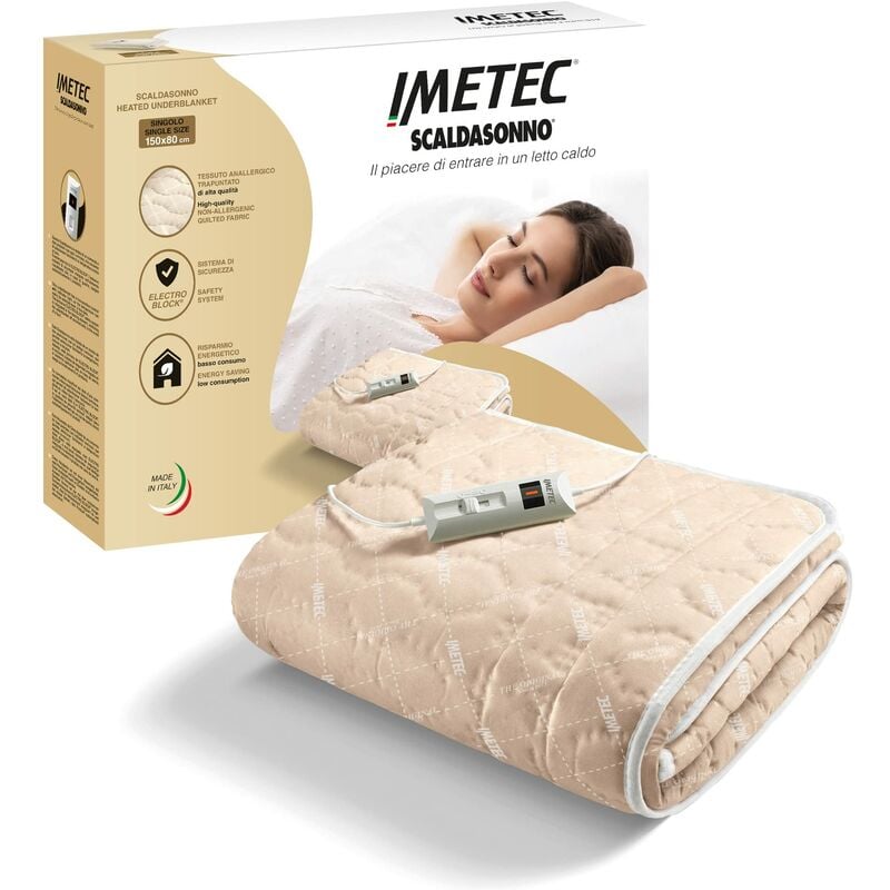 foto del prodotto imetec scaldasonno singolo, 150 x 80 cm, comando 2 temperature, tessuto trapuntato, lavabile a mano e in lavatrice a 30 c, made in italy