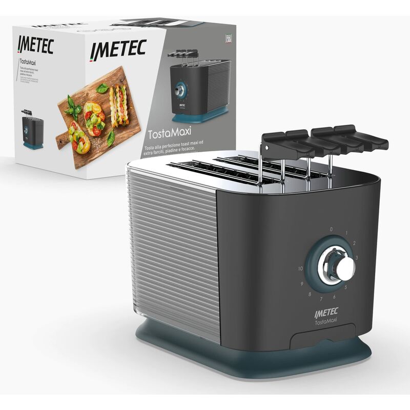 foto del prodotto imetec tostamaxi tostapane, 2 fessure extralarge e pinze apribili per toast extrafarciti, 10 livelli di doratura, timer con autospegnimento, cassetto