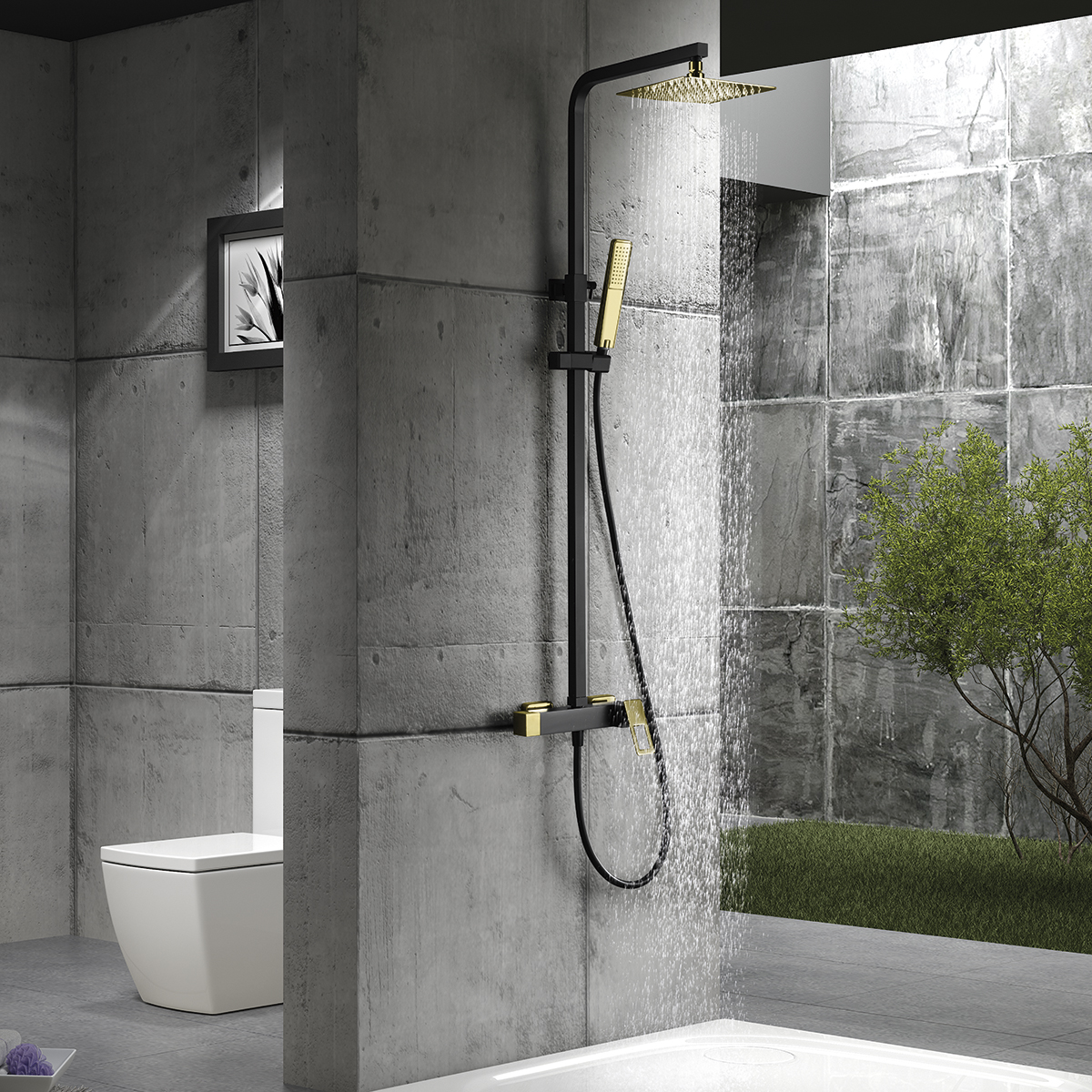 foto del prodotto imex colonna doccia miscelatore monocomando nero opaco-oro lucido in ottone e acciaio inox s304 con asta estensibile soffione extra piatto 20x20 cm anticalcare supporto regolabile cartuccia cerami