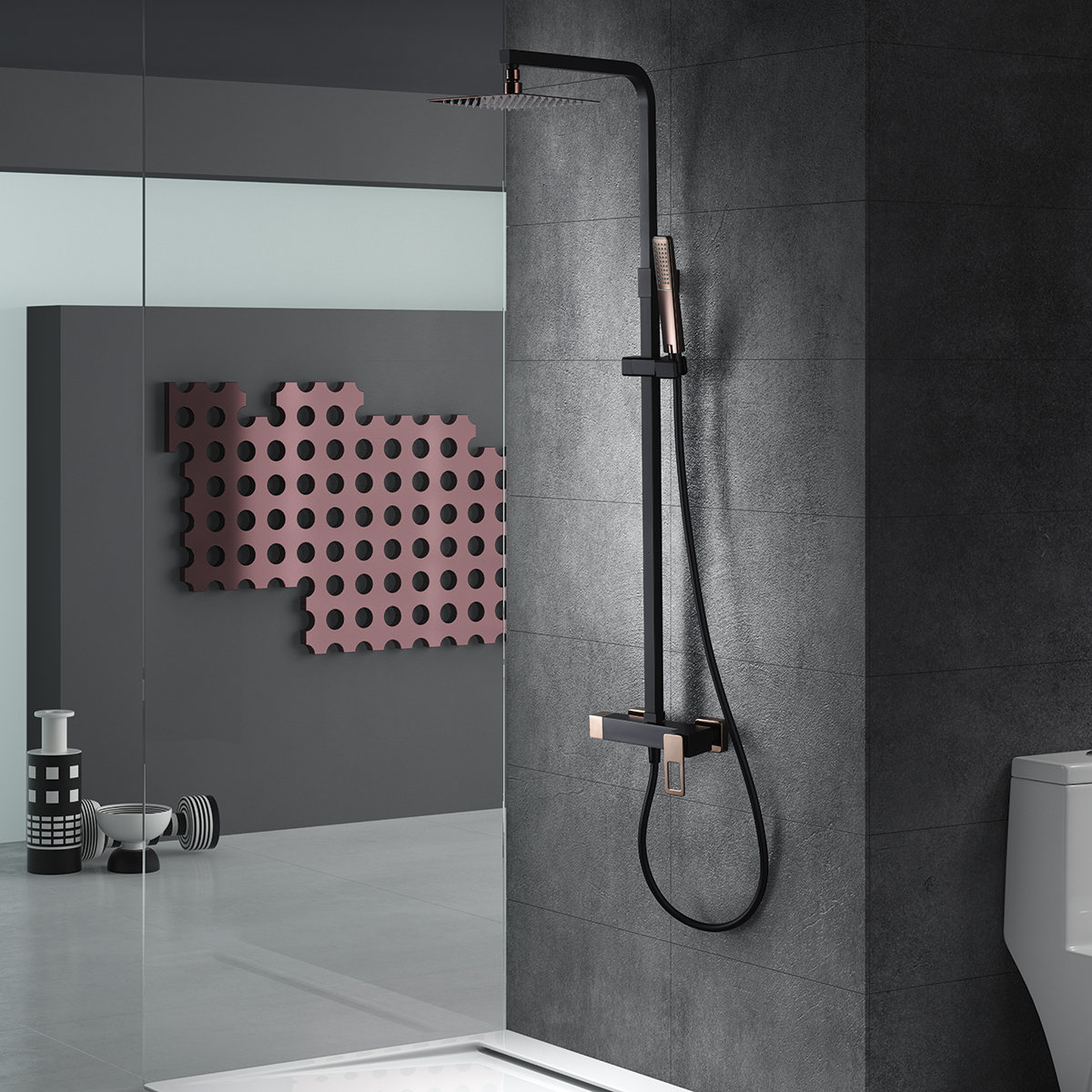 foto del prodotto imex colonna doccia miscelatore nero-oro rosa in acciaio inox s304 e ottone asta estensibile soffione extra piatto 20x20 cm anticalcare supporto regolabile cartuccia ceramica 35 mm flessibile 1