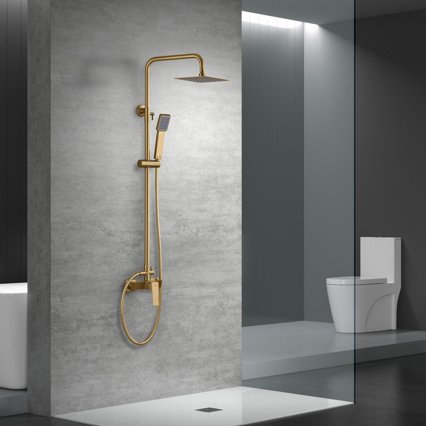 foto del prodotto imex colonna doccia monocomando oro spazzolato in ottone e acciaio inox s304 con soffione extra piatto 20 cm anticalcare asta doccia estensibile cartuccia ceramica 35 mm tubo flessibile pvc 15
