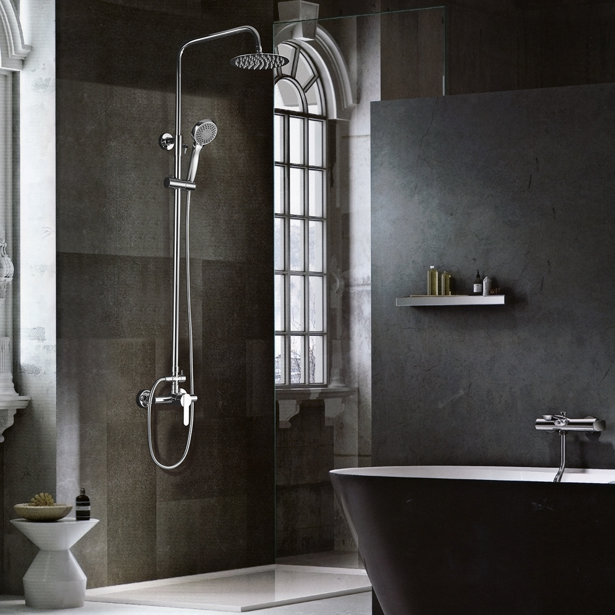 foto del prodotto imex colonna doccia parete miscelatore acciaio e ottone finitura cromata soffione extrapiatto 20 cartuccia ceramica 35mm asta doccia estensibile tubo e maniglia inclusi - modello roma imex-bdr00