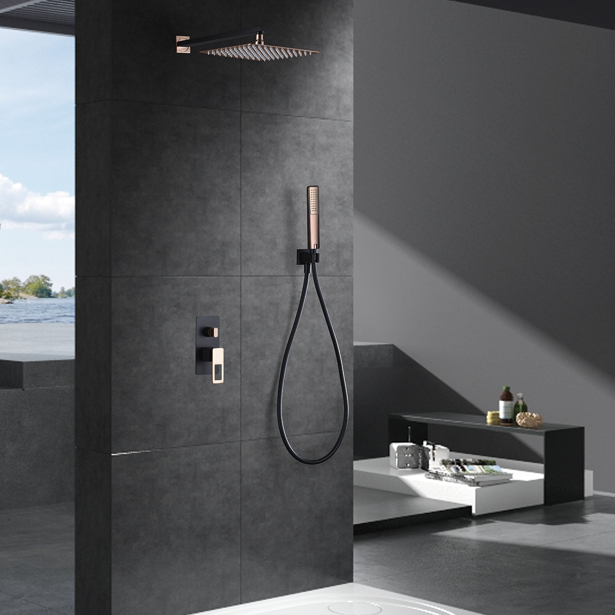 foto del prodotto imex kit incasso doccia miscelatore corpo in ottone nero opaco e acciaio inox soffione 25x25 cm acciaio s304 oro rosa lucido anticalcare cartuccia monocomando 35 mm tubo flessibile pvc nero oro rosa