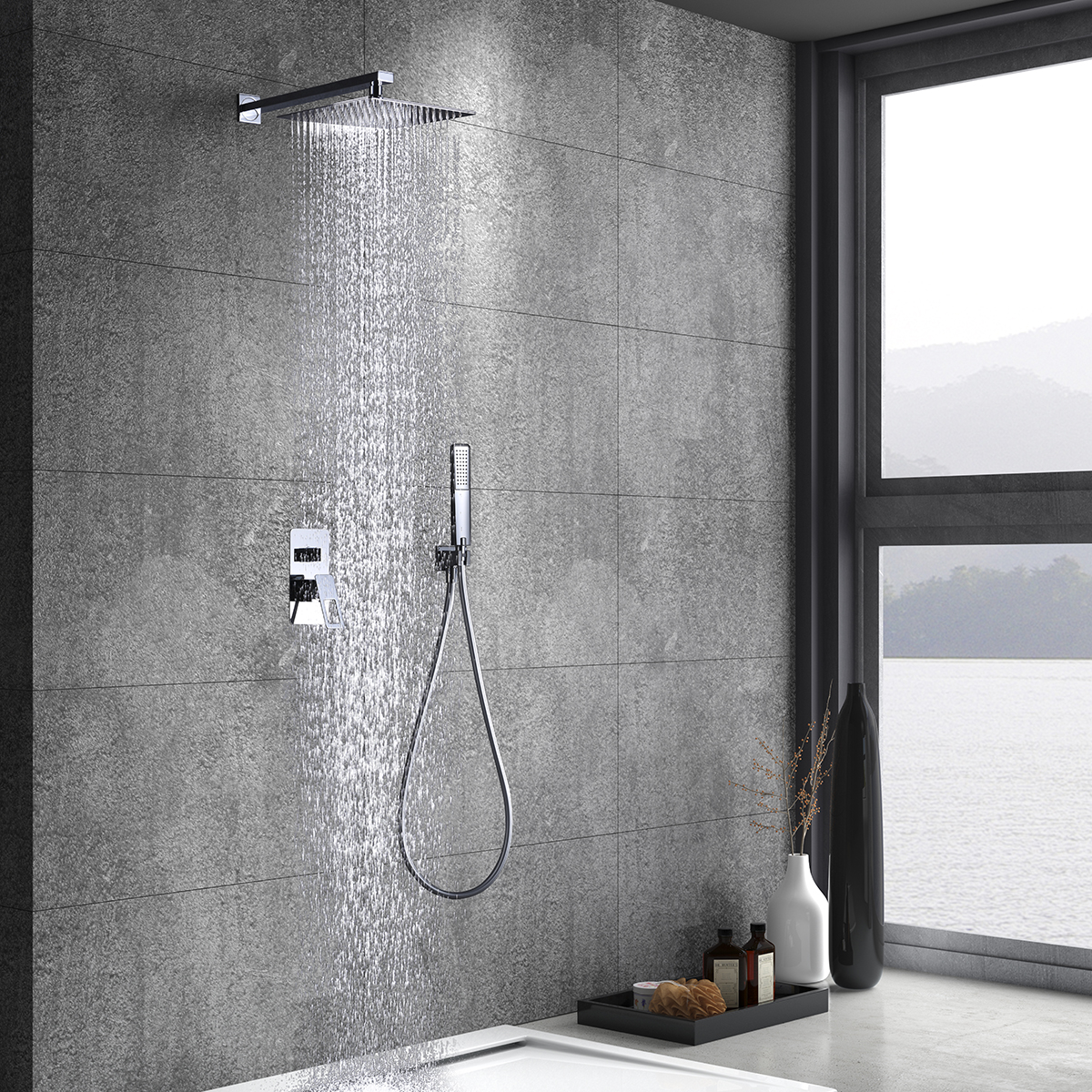 foto del prodotto imex kit incasso doccia miscelatore cromato acciaio inox s304 e ottone 2 vie soffione 25x25 cm anticalcare tubo flessibile pvc 150 cm cartuccia monocomando 35 mm maniglia supporto a parete imex-bdc03