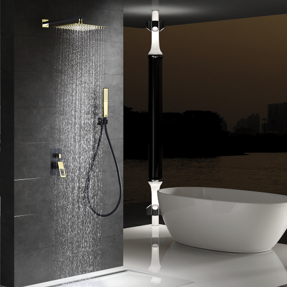 foto del prodotto imex kit incasso doccia miscelatore serie suecia corpo in ottone nero opaco con accenti oro lucido soffione 25x25 cm acciaio inox s304 oro lucido anticalcare cartuccia monocomando 35 mm flessibile