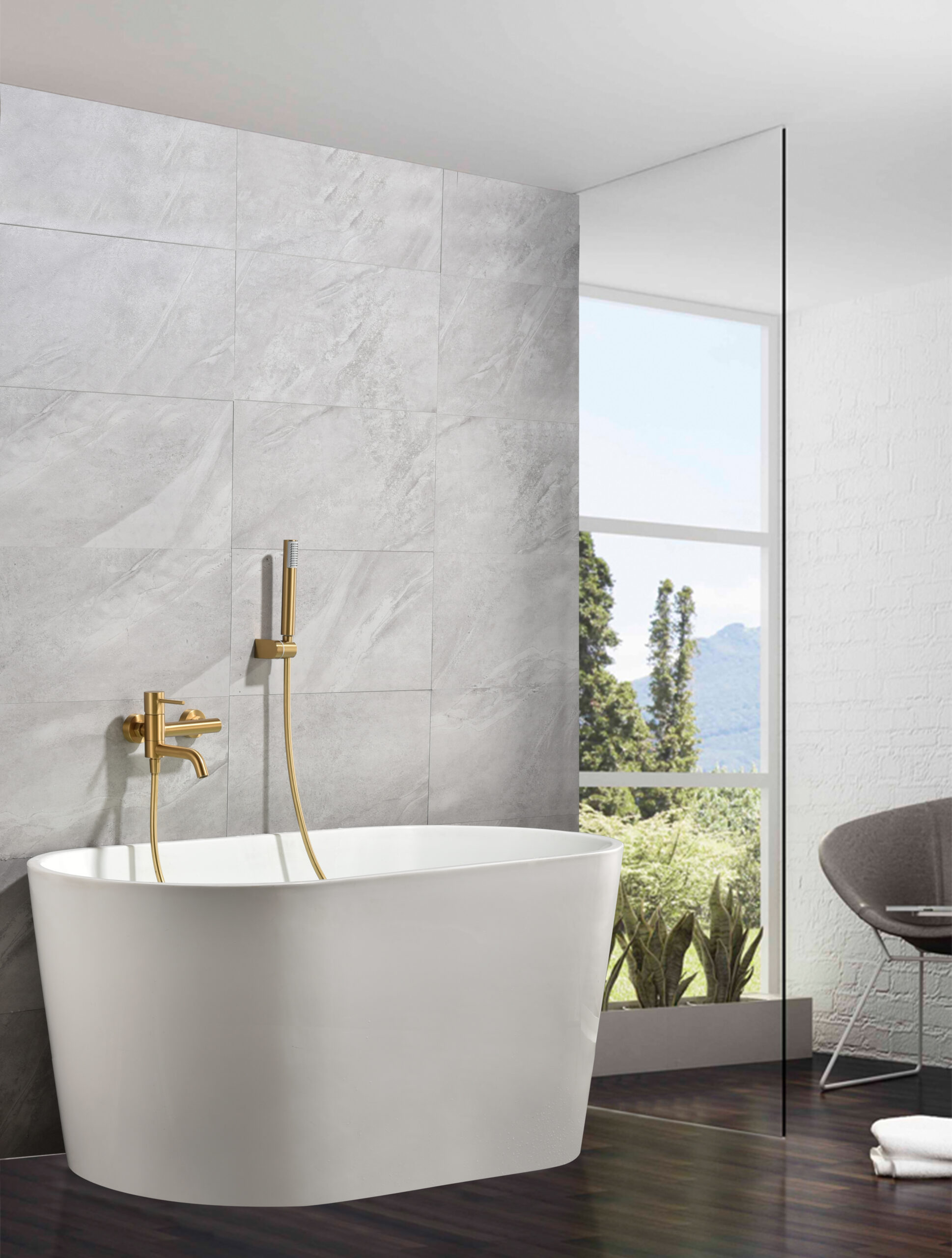 foto del prodotto imex miscelatore vasca-doccia oro spazzolato in ottone con tubo flessibile pvc 180 cm supporto doccia abs maniglia rotonda cartuccia ceramica 35 mm finitura pvd modello imex-bdm039-4oc monza