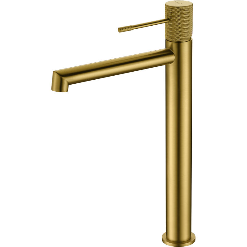 foto del prodotto imex rubinetto per lavabo alto monocomando modello line alto beccuccio colore oro finitura in oro spazzolato 