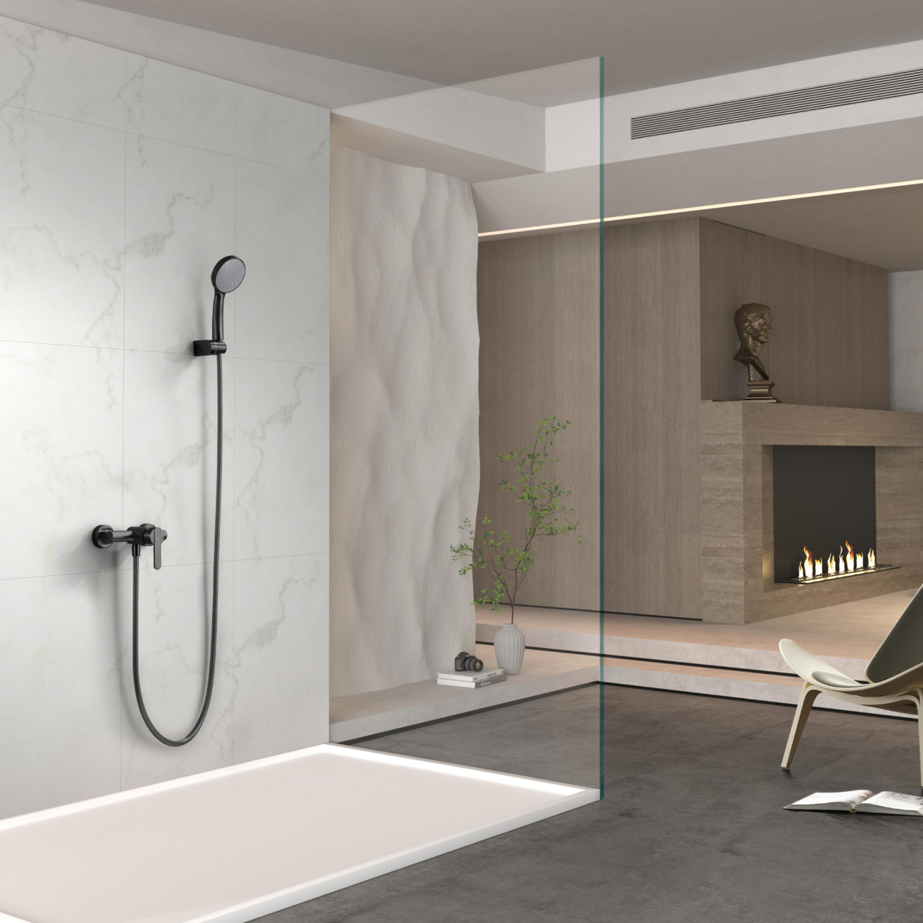foto del prodotto imex set doccia roma nero opaco in ottone e zama con tubo flessibile metallo 180 cm supporto doccetta in abs maniglia rotonda cartuccia ceramica 35 mm modello imex bdr001 5ng