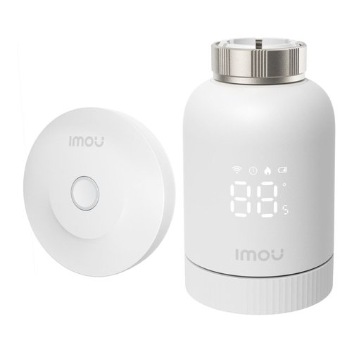 foto del prodotto imou kit termostato. comprende hub zg2 eu e valvola trv1, la valvola trv1 viene fornita con 6 adattatori di montaggio, rilevamento finestra aperta, protezione congelamento, programmabile e compatibile con alexa e google
