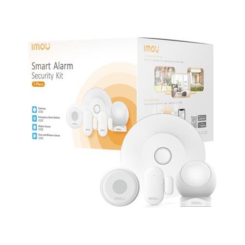 foto del prodotto imou smart alarm system include centralina, 2 sentore porte finestre, 1 sensore movimento ed un bottone smart programmabile
