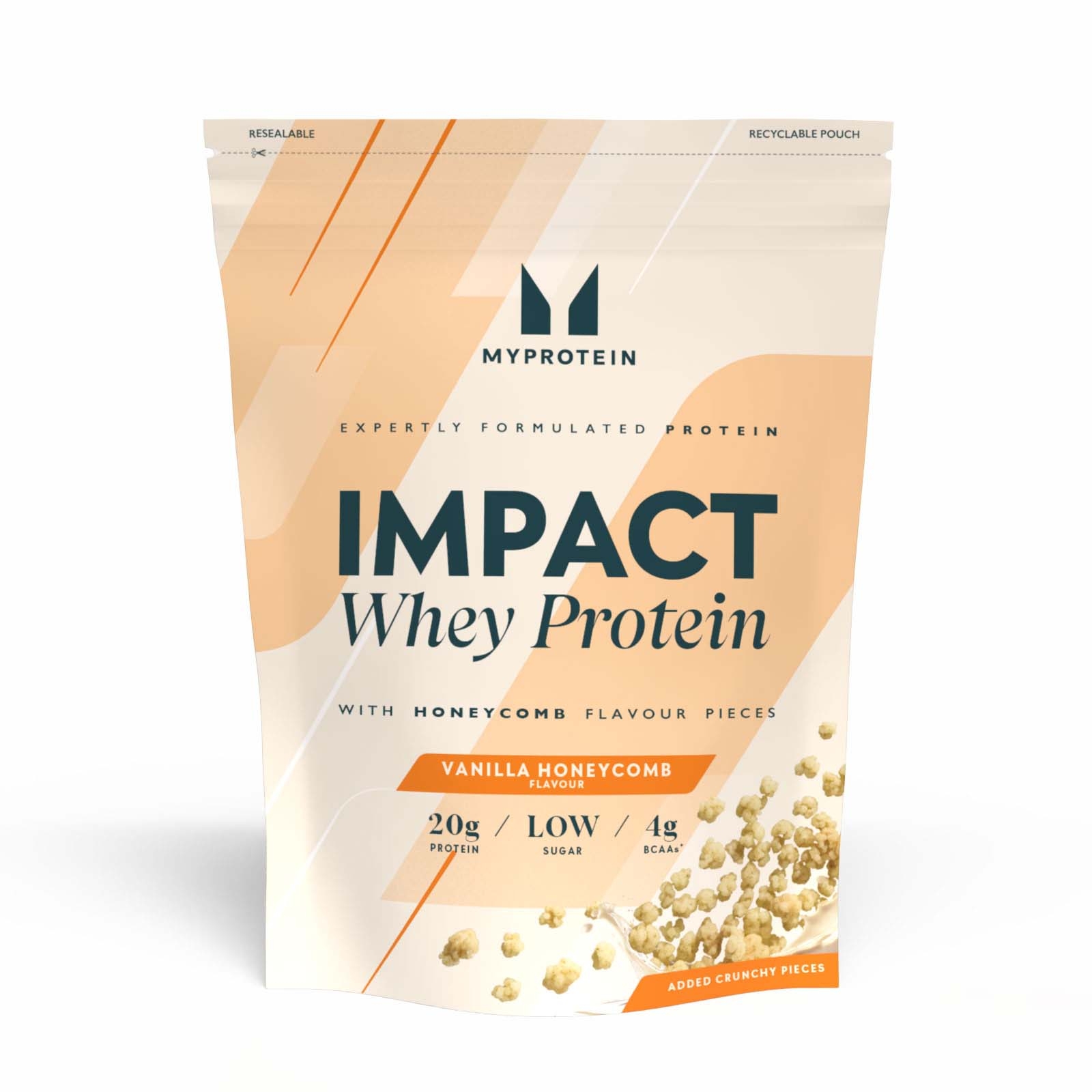 foto del prodotto impact whey protein 960g vaniglia e miele con croccanti pezzi di biscotti