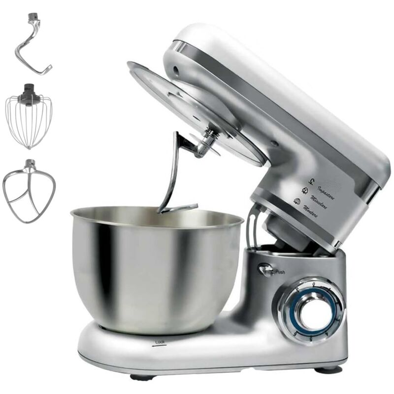 foto del prodotto impastatrice planetaria, ciotola capiente in acciaio da 4,5l, dotato di 3 utensili di miscelazione, potenza 1000watt, velocita x6 tasto pulse,