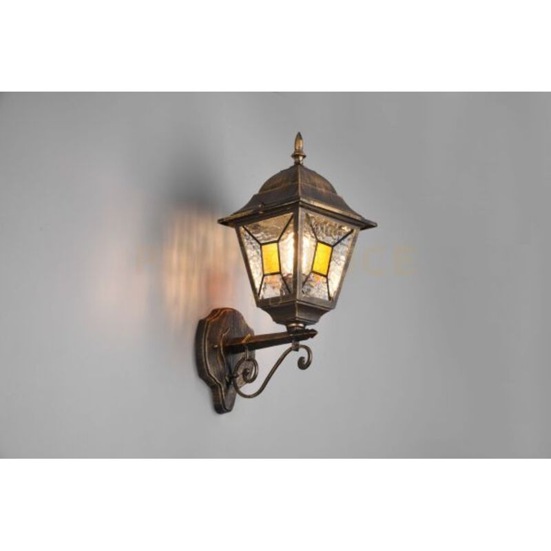 foto del prodotto imperia applique da esterno up 4 lati fusione di alluminio ruggine e vetro verniciato effetto ghiaccio ed inserto giallo h. 45,5cm ip44 1 luce