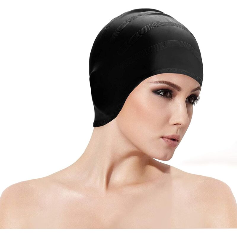 foto del prodotto impermeabile - cuffia da piscina impermeabile in silicone, cuffia da piscina in silicone per uomo e donna e capelli lunghi. adolescente (nero) - bebusingoto