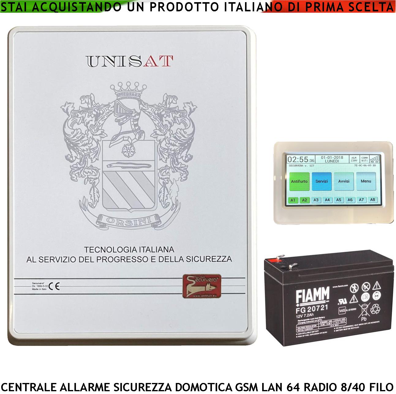 foto del prodotto impianto allarme filo esistente sostituzione centrale unisat 8 zone optional 40 gestita da rfid radiocomando da app 8 aree 50 utenti funzioni programmabili domotica gsm gprs lan batteria 12 v 7 ah