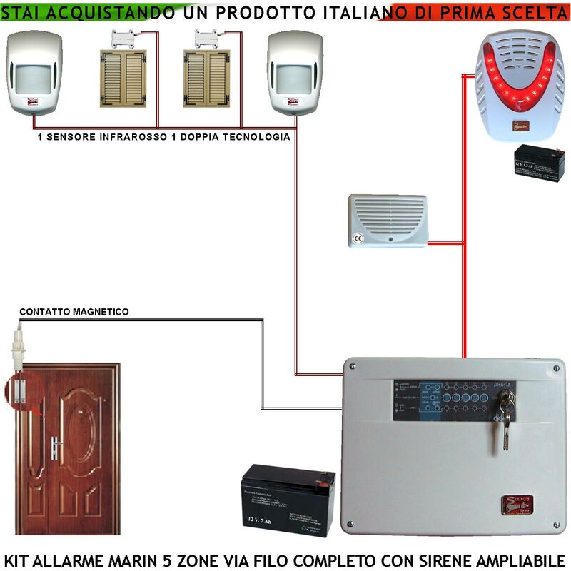 foto del prodotto impianto antifurto kit marin centrale a 5 zone 2 sensori di movimento 2 contatti magnetici 1 contatto magnetico per infissi metallici sirena interna