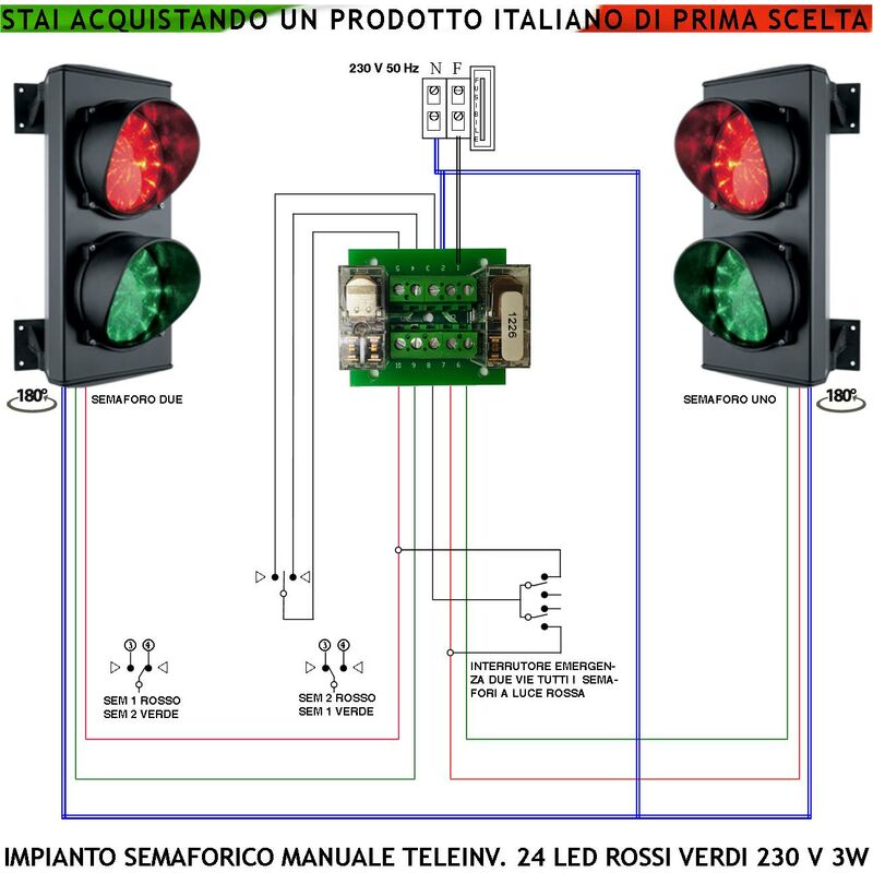 foto del prodotto impianto semaforico orientabile 180 parcheggio 24 led rossi 24 led verdi lente 124 mm alimentato 230 v 3 w ip65 funzioni teleinvertitore gestito