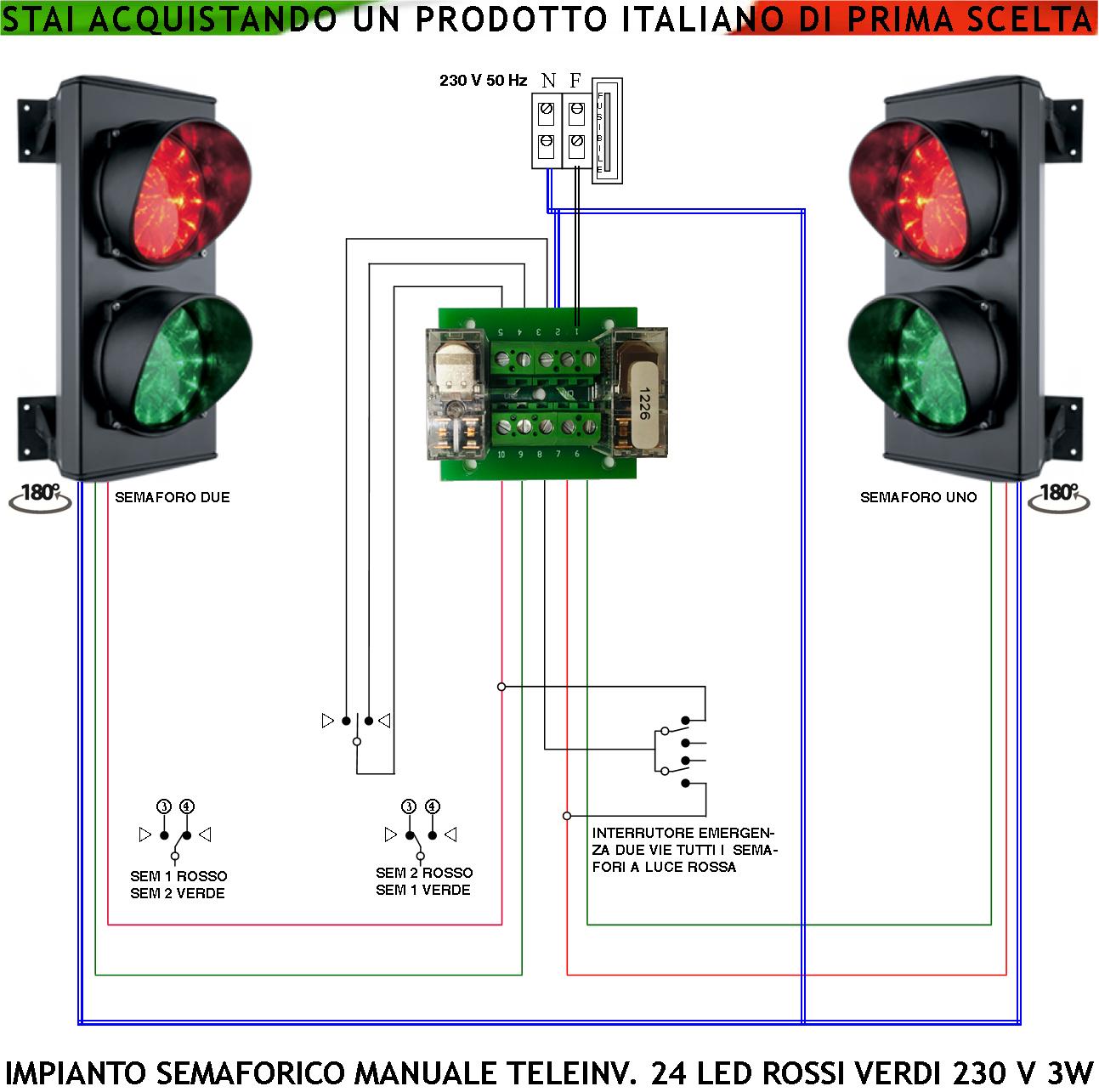 foto del prodotto impianto semaforico orientabile 180 parcheggio 24 led rossi 24 led verdi lente 124 mm alimentato 230 v 3 w ip65 funzioni teleinvertitore gestito da operatore prenotazione ingresso uscita condominio