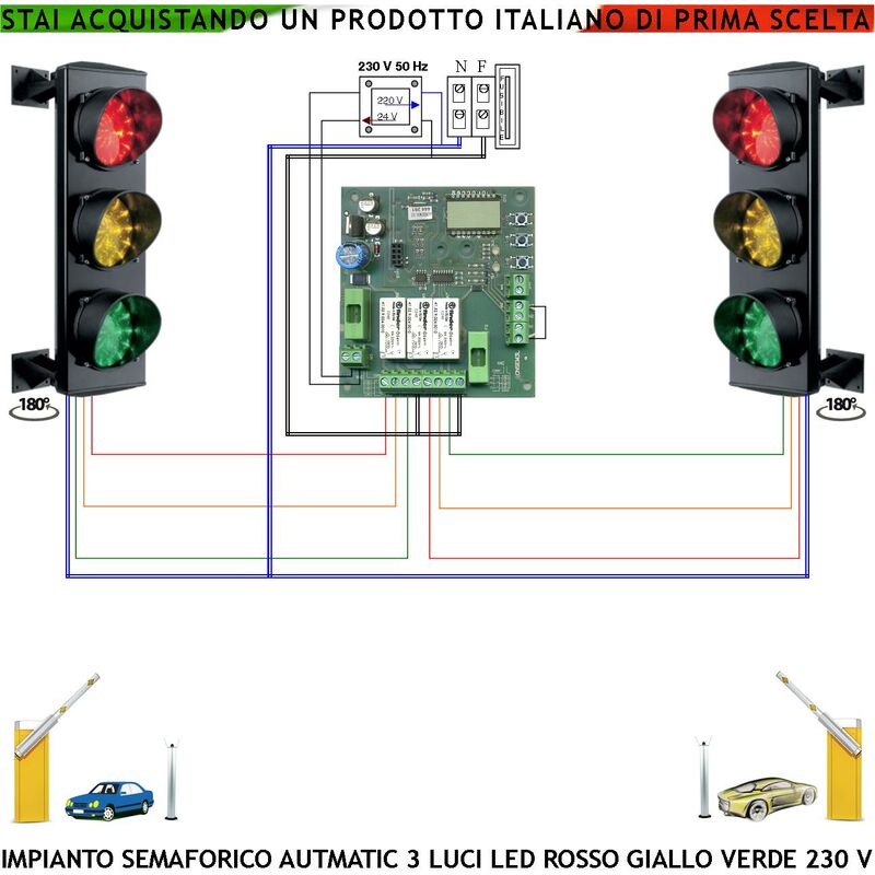 foto del prodotto impianto semaforo 24 led rossi 24 led gialli 24 led verdi 230 v 50 hz 3 w ce ip65 centrale funzione ciclica tempi regolabili da 3 a 240 ingresso