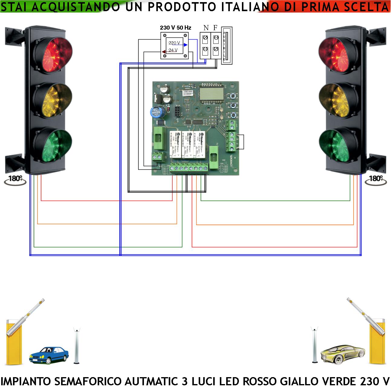 foto del prodotto impianto semaforo 24 led rossi 24 led gialli 24 led verdi 230 v 50 hz 3 w ce ip65 centrale funzione ciclica tempi regolabili da 3 a 240. ingresso uscita ordinata di veicoli dal garage o dal parcheggio