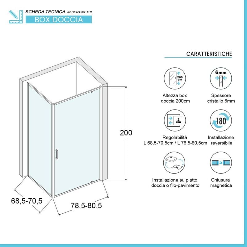 foto del prodotto inbagno box doccia angolare 70x80 cm con porta battente in cristallo serigrafato ted