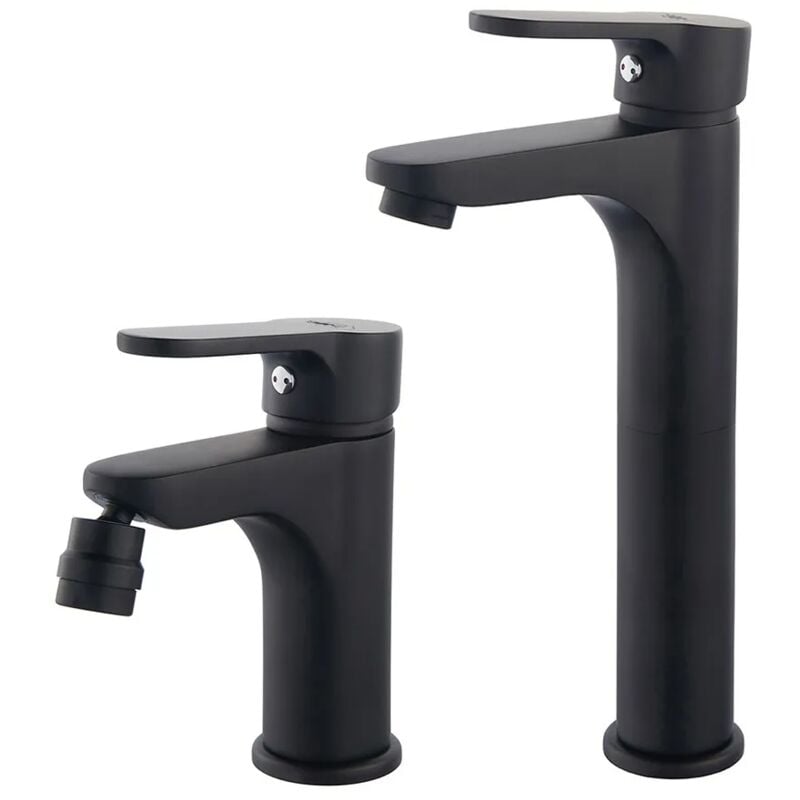 foto del prodotto inbagno coppia rubinetti bagno lavabo alto e bidet nero opaco serie paco