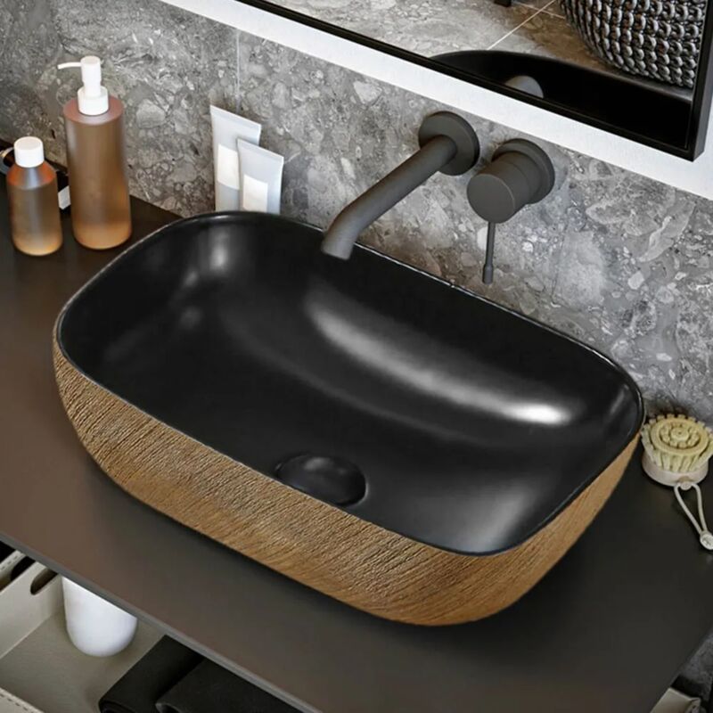 foto del prodotto inbagno lavabo da appoggio 45x32 cm in ceramica nero opaco con dettagli oro