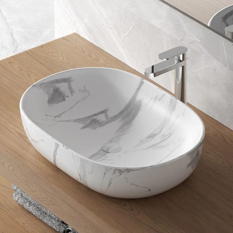 foto del prodotto inbagno lavabo da appoggio ovale 60x41 cm effetto marmo bianco tokyo