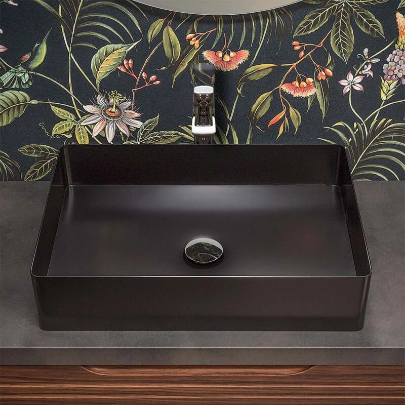 foto del prodotto inbagno lavabo da appoggio rettangolare 58x38 cm in acciaio inox nero opaco goya