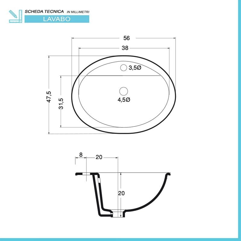 foto del prodotto inbagno lavabo da incasso soprapiano ovale 56x47,5 cm in ceramica lucida