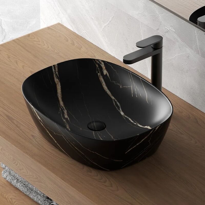 foto del prodotto inbagno lavandino da appoggio ovale 50x38 cm effetto marmo nero tokyo