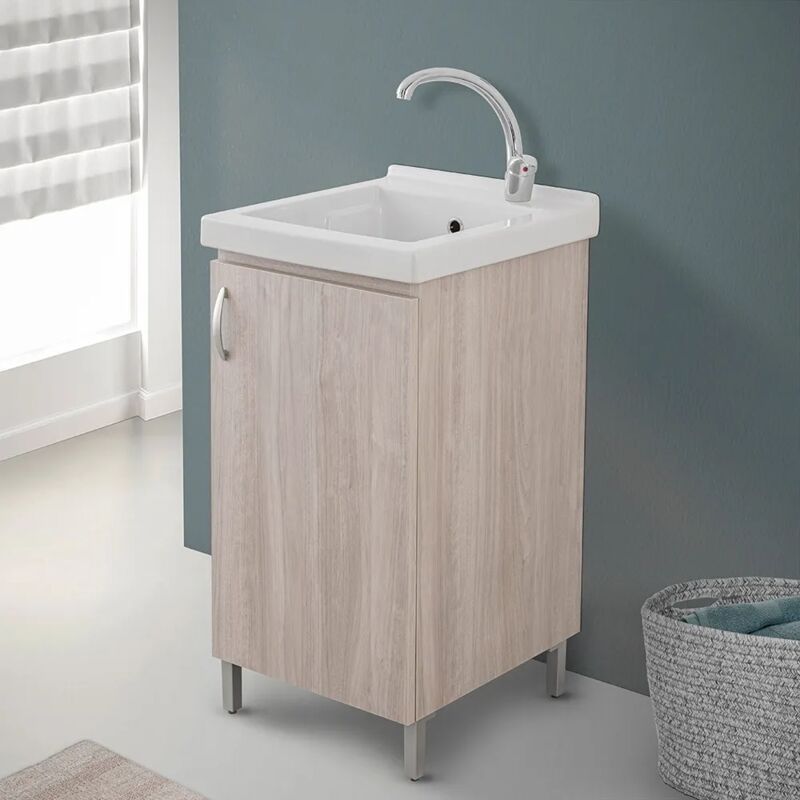 foto del prodotto inbagno lavatoio in ceramica 45x50 con mobile olmo completo di piletta e scarico