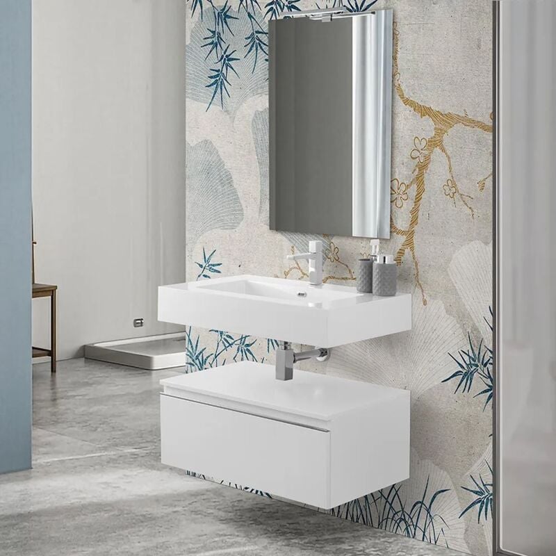 foto del prodotto inbagno mobile bagno 80 cm bianco lucido con lavabo sospeso e specchio iside