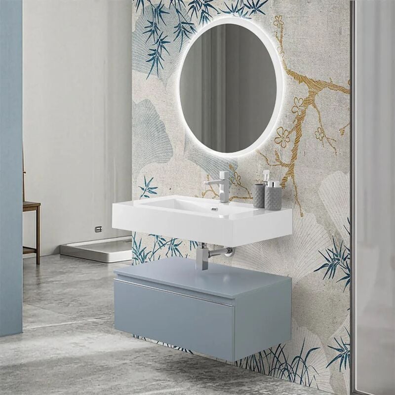 foto del prodotto inbagno mobile bagno 80 cm blu pastello lavabo sospeso e specchio led iside